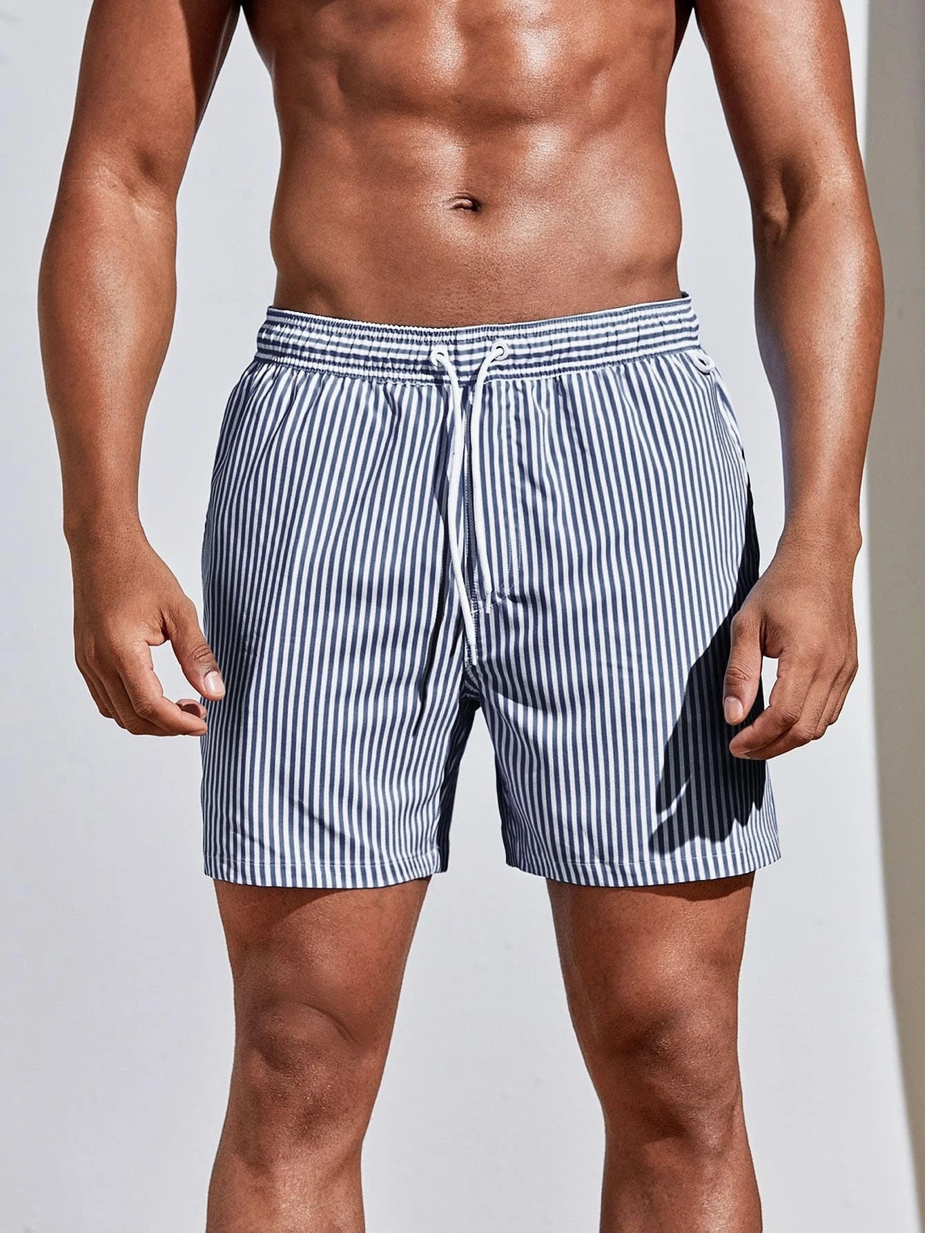 MEN'S TAN-THROUGH SWIM SHORT - Navy Blue Pinstripe