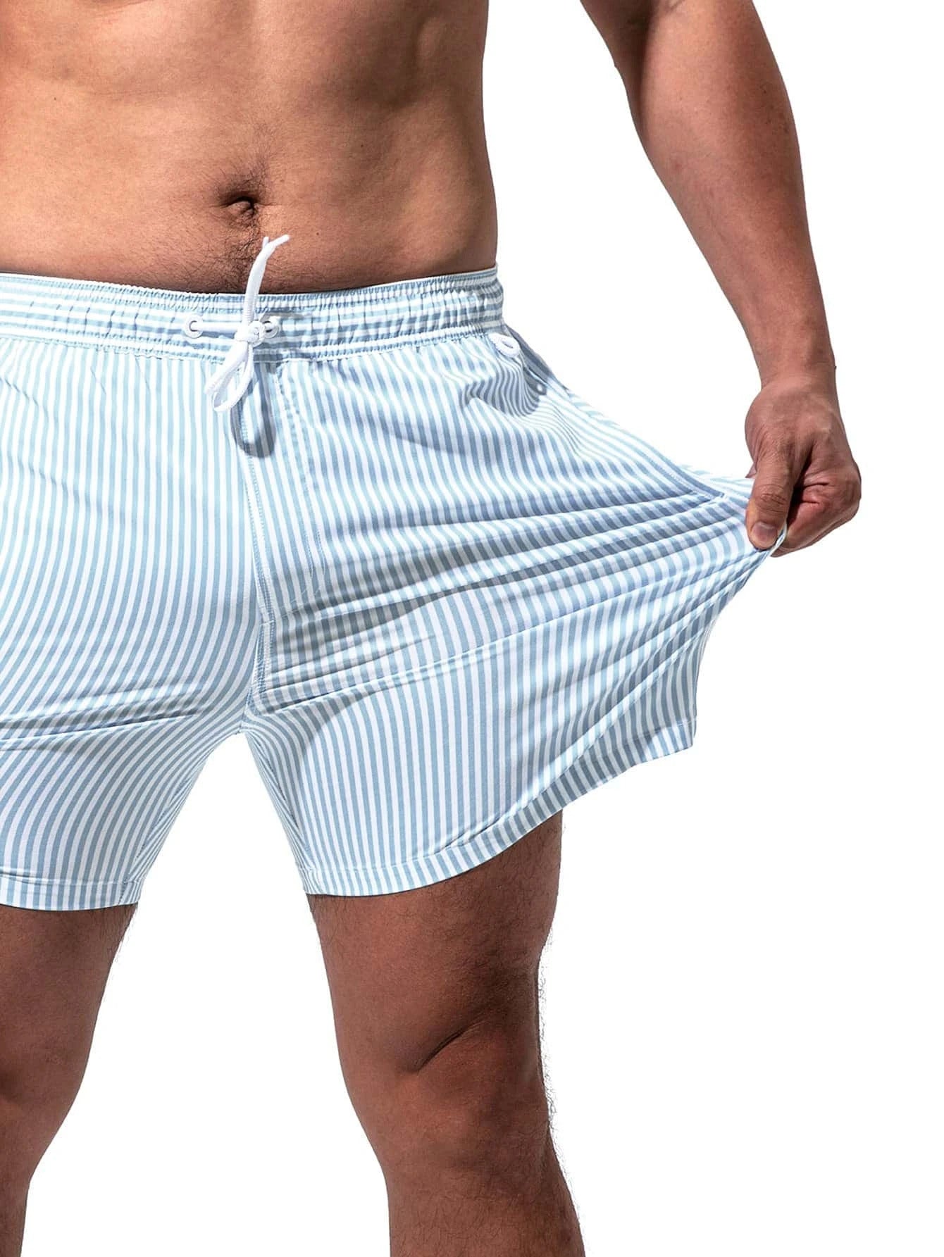 MEN'S TAN-THROUGH SWIM SHORT - Light Blue Pinstripe