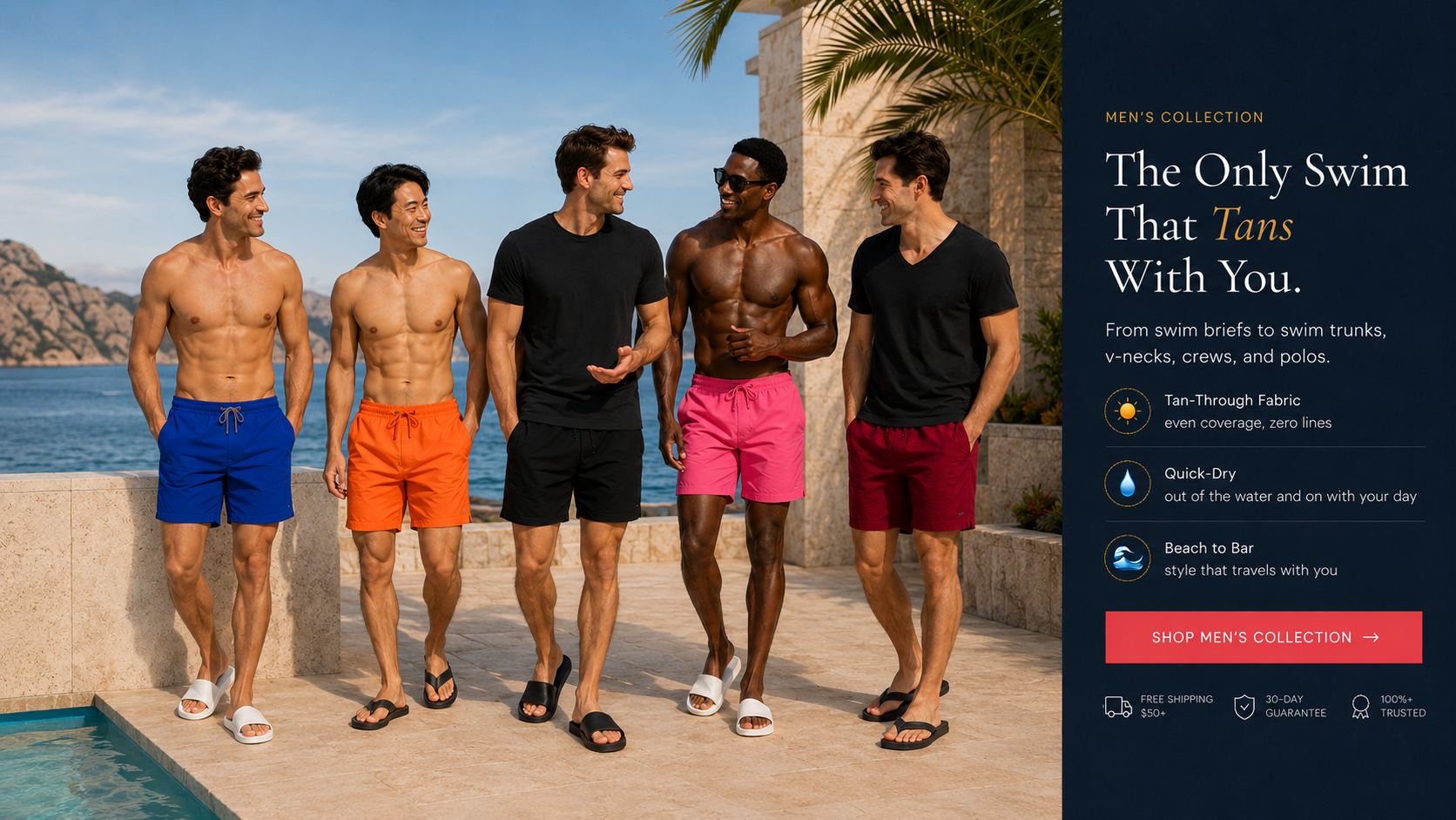 Five men in swimwear standing by a pool with scenic background, promotional text on the right.